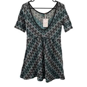 Free People Gray Blue & White Short Sleeve Scoop Neck‎ Knit Tunic Dress Size S